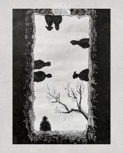 Figures looking into a deep hole.